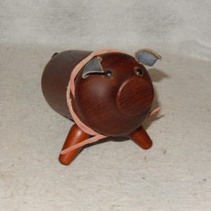 Vintage Modern Danish PIG Piggy Bank Wood Teak MCM Denmark Leather Peg Animal ~ Free Shipping!
