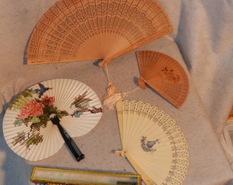 Lot 3 Vintage Folding Fan Wood Cut Japanese Chinese Paper LASA Hotel Silk ~ Free Shipping