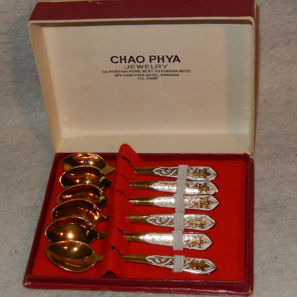 Vintage Set 6 Enamel Demitasse Spoons Bangkok THAILAND Chao Phya Jewelry WHITE ~ FREE Shipping