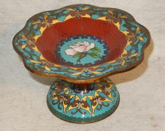 Antique Chinese Cloisonne Butterfly Compote Pedestal Dish Footed Enamel Brass~ Free Shipping
