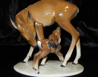Antique ROSENTHAL Selb REMPEL 1038 Doe Fawn Deer Germany Porcelain Figure Group ~ Free Shipping