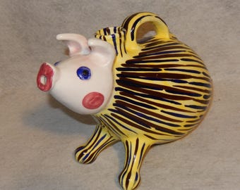 LARGE Arnart Art Pottery Whimsical PIG Pitcher Jug Striped Bizarre Abstract Form Kitsch ~Free Shipping!