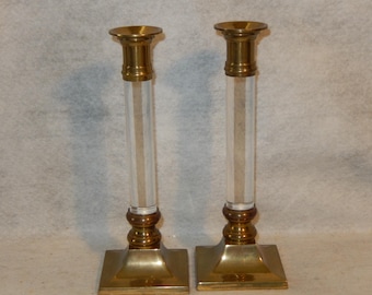 Pair Lucite & Brass 9" Tall Candlesticks Hollywood Regency Sleek Design ~Free Shipping!