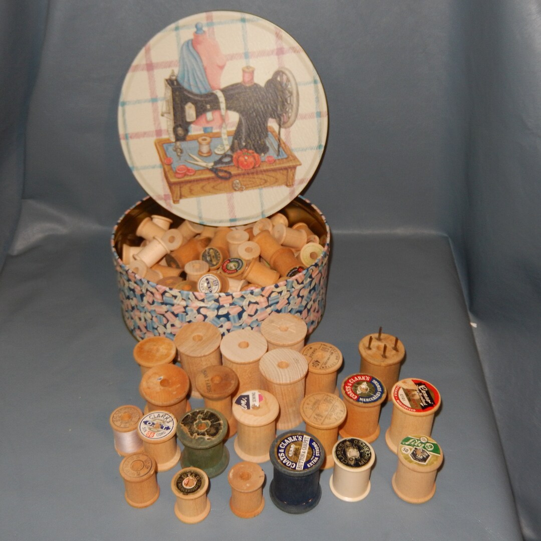 Lot 118 Vintage Wood Sewing Thread Spools & Tin Antique Machine Sew ...