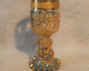 Bohemian MOSER Glass Ruffled Hollowstem ROMER Style Gold Gilt Enameled Goblet ~FREE Shipping