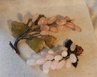 2 Chinese PALE Pink Jade Rose Quartz Agate Stone Wood Stem GRAPES Bunch Leaves ~ FREE Shipping