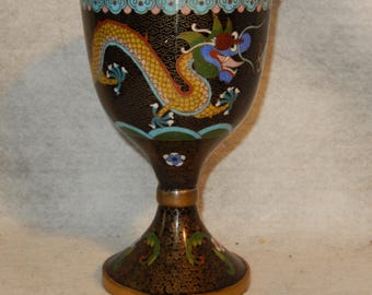 Vintage Chinese Cloisonne Double DRAGON Black Chalice Goblet Enamel Brass Rare ~ Free Shipping