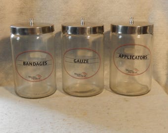 Set 3 Vintage MOORE Medical Supply Glass Jar Apothecary Antique Canisters Gauze ~ Free Shipping!