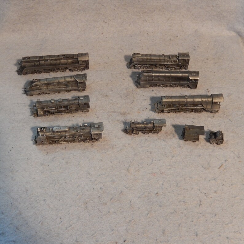 Lot 1985 FRANKLIN MINT Pewter TRAINS Locomotive shops Engine 10 Pieces Railroad Cars ~Free Shipping