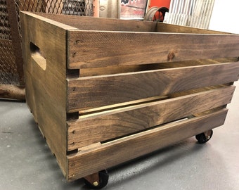 Caisse de rangement sur roulettes en noyer foncé, décoration d'intérieur - Caisse en bois avec roulettes pour le rangement - Caisse de meubles sur roues