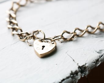 9 ct Gold Curb Chain Bracelet with Heart Padlock Clasp and safety chain