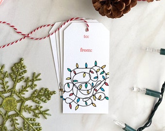 Christmas Lights Holiday Gift Tag - Christmas Lights Drawing - Red and Green Christmas Tags - Watercolor Gift Tags -Watercolor Christmas Tag