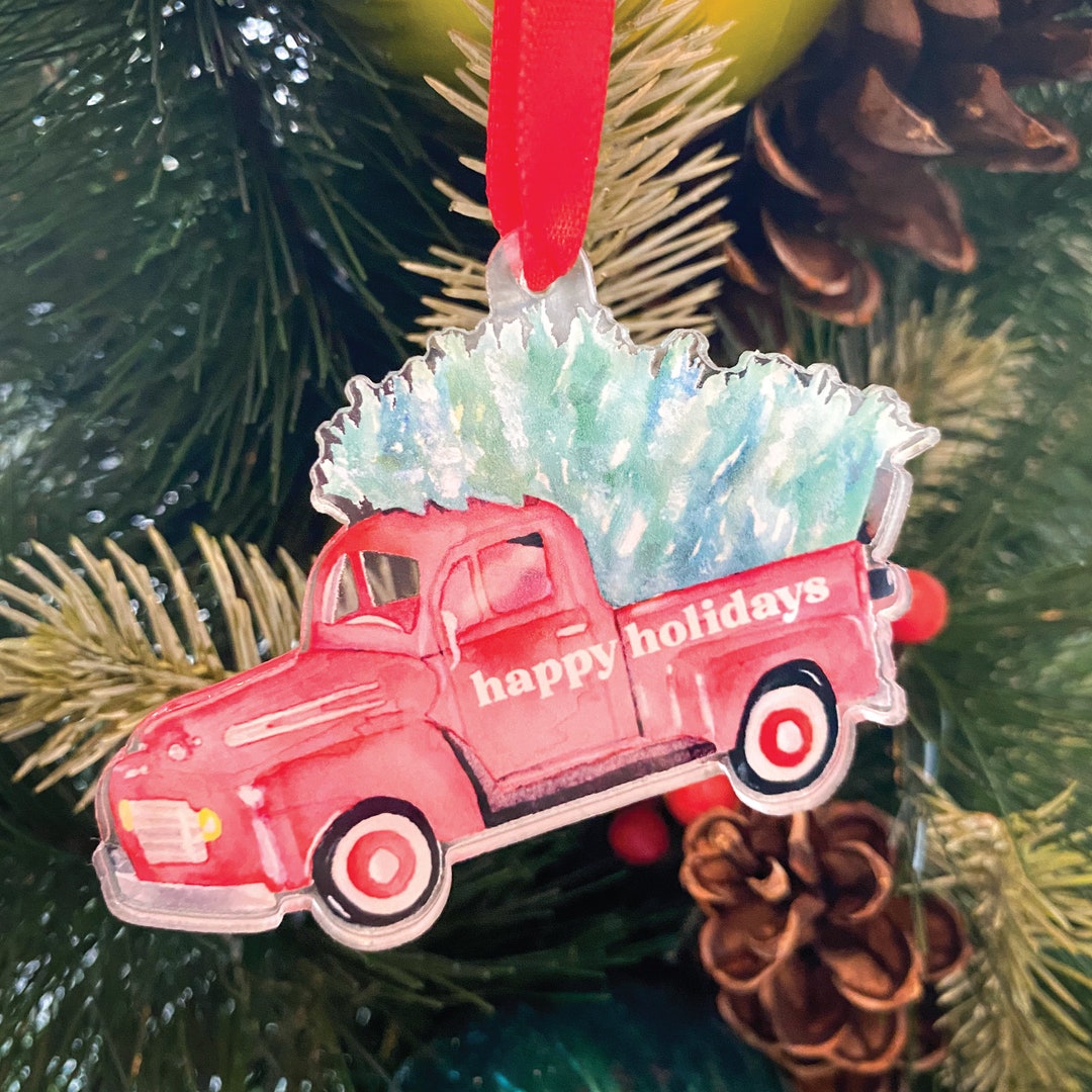 Red Christmas Truck Acrylic Ornament Happy Holidays Christmas Ornament