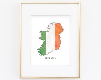 Ireland Print - Irish Flag Painting - Tricolor Flag - Irish Art - Ireland Watercolor - Country Print - Ireland Silhouette - Irish Home Decor