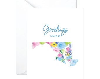 Blue and Pink Watercolor Floral Maryland Greeting Card - Greetings from Maryland - Watercolor Floral Maryland Art - Cute Maryland Gift Idea