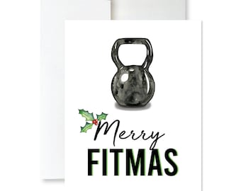 Merry Fitness Holiday Card - Christmas Card - Fit Couple - Seasonal Card - Kettlebell Card - Fitness Lover Christmas Card - Fitmas Card Set
