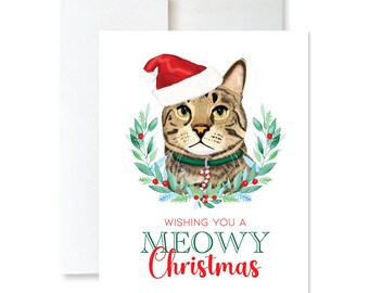 Meowy Christmas Cat Holiday Card - Cat Mom Christmas Card - Cat Christmas Gift - Cat Drawing Card - Cat Santa Hat - Cat Christmas Card Set