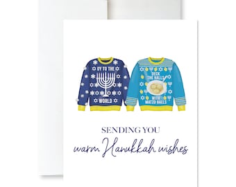 Ugly Hanukkah Sweater Card - Blue and Yellow Hanukkah Card - Oy To The World Hanukkah Card - Funny Hanukkah Card - Hanukkah Card Set Cute