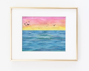Beach Painting - Ocean Watercolor - Art Print - 8x10 Print - 11x17 Print - Beach Lover - Gift for Beach Lover - Ocean - Water - Seagulls