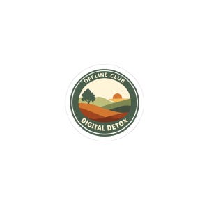 May include: A round sticker with a landscape design. The sticker features a green outer ring with the words "OFFLINE CLUB" and "DIGITAL DETOX". Inside the ring is a scene of rolling hills, a tree, and a setting sun.