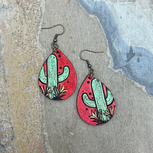 Cactus Earrings, festival, colorful red, green, gold, cactus earrings handpainted leather, western, Southwest jewelry