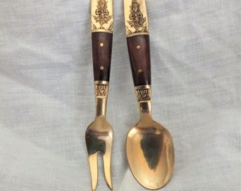 Vintage Thai Brass and Rosewood Spoon and Fork