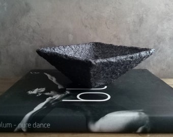 Paper mache bowl black grey textured decorative handmade square vessel modern minimalist statement piece sustainable eco friendly decor