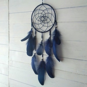 Navy Blue Dream Catcher: Aztec Feather Boho Wall Hanging