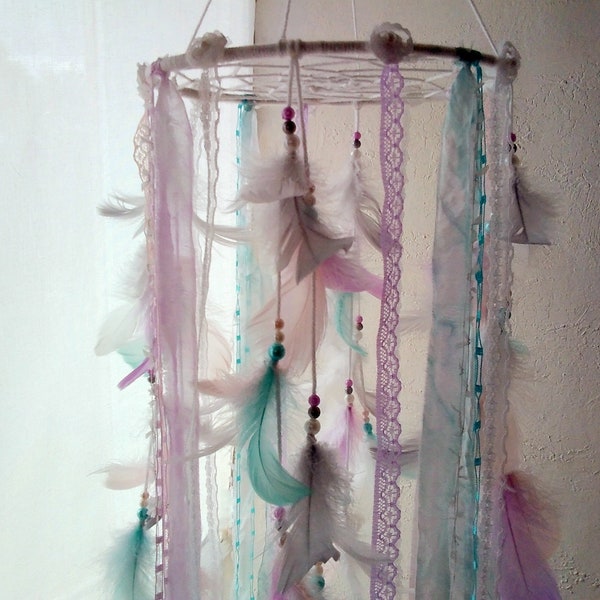 Boho dream catcher crib mobile girl nursery dreamcatcher white teal blush pink purple lavender grey feather lace mobile baby shower gift