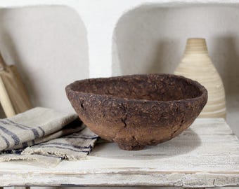 Brown Paper Mache Bowl: Handmade Rustic Wabi Sabi Decor