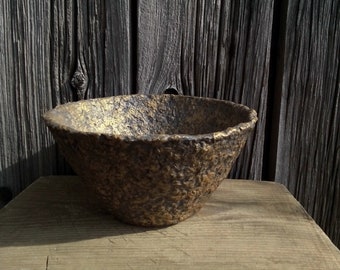 Paper mache bowl antique aged bronze color textured decorative handmade vessel wabi sabi rustic primitive sustainable home interior accent