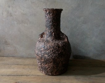 Paper mache vase black brown aged rusty iron color organic textured decorative handmade vessel for dry flowers rustic primitive home decor