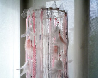 Boho chic sueño catcher móvil blanco rosa gris plata encaje cinta dreamcatcher niña princesa decoración decoración baby shower regalo