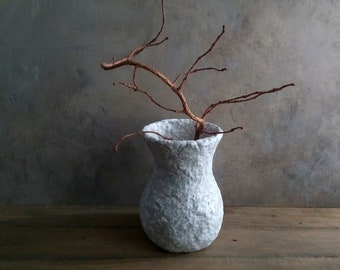 Paper mache vase white grey textured decorative handmade vessel wabi sabi rustic primitive style interior accent organic eco friendly gift