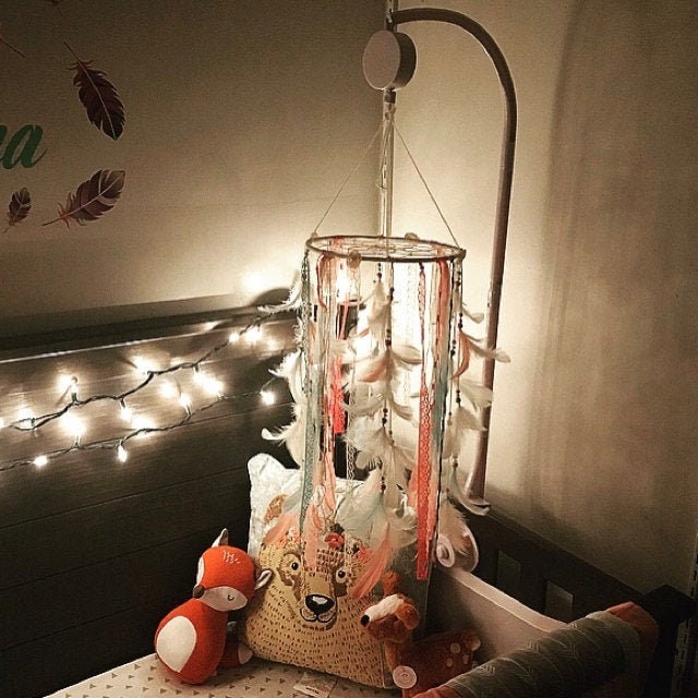 Baby Girl Mobile Dream Catcher Mobile Ivory Coral Mint Mobile Etsy