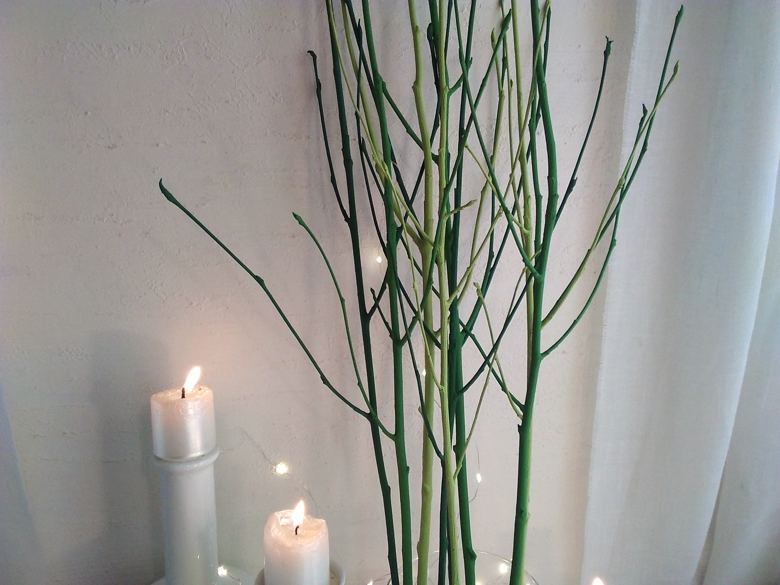 Green Painted Rowan Tree Branches: Rustic Woodland Home Decor