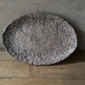 Paper mache tray oval taupe textured decorative organic handmade plate wabi sabi rustic primitive style tabletop decor table centerpiece