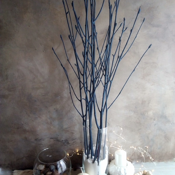 Tree branches dark navy blue natural decorative wood sticks vase filler window sill decor contemporary minimalist room interior decorating
