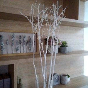 White painted long tree branches Scandinavian style home decor rustic room decorating idea for woodland wedding party tall table centerpiece