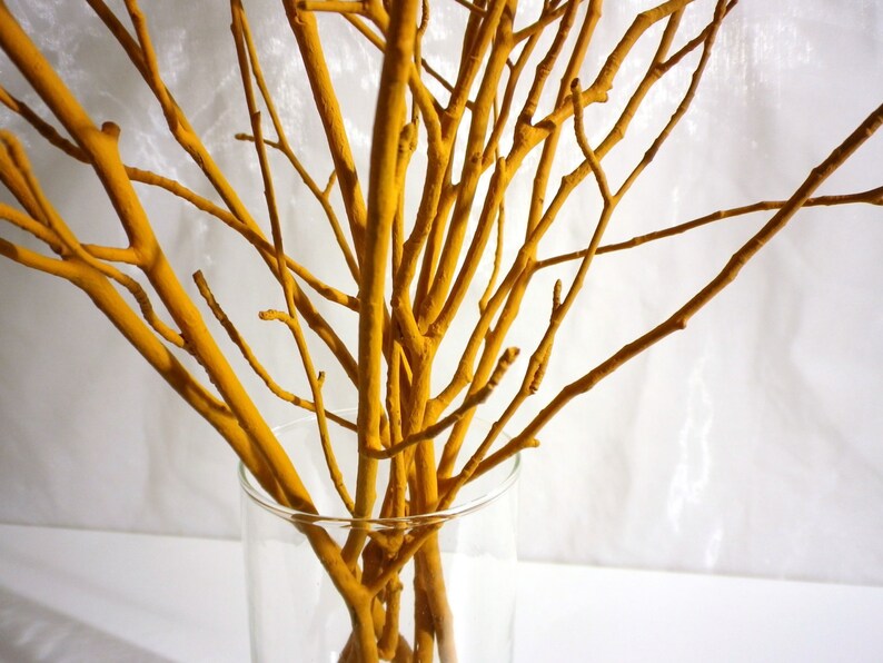May include: A bunch of yellow painted branches in a clear glass vase. The branches are arranged in a vase on a white surface.