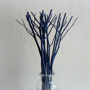Peut inclure: Un bouquet de brindilles peintes en bleu fonc&eacute; dans un vase en verre transparent. Les brindilles sont dispos&eacute;es dans un vase sur un fond blanc.