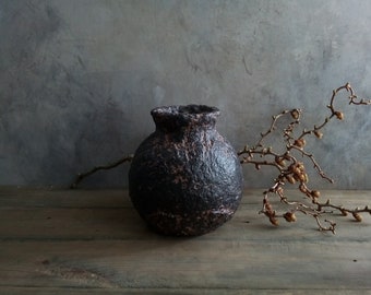 Paper mache vase black brown organic textured decorative round vessel for dry flowers wabi sabi style rustic primitive home interior accent