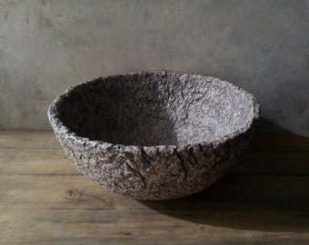 Paper mache bowl taupe textured decorative organic handmade vessel wabi sabi rustic primitive Japandi aesthetic sustainable interior accent