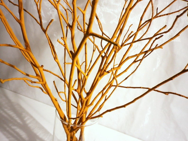 May include: A bunch of thin, bare branches painted a bright yellow color, arranged in a clear glass vase. The branches are spread out and create a natural, organic look.