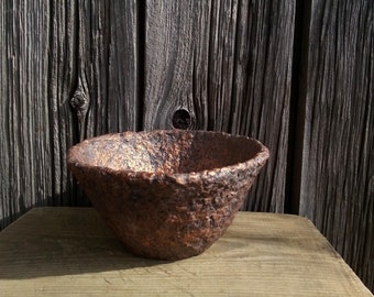 Brown paper mache bowl antique style aged copper textured decorative vessel wabi sabi rustic primitive modern minimalist interior accent