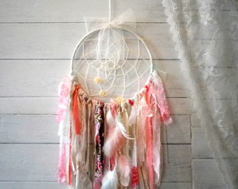 Boho dream catcher vintage shabby chic dreamcatcher rustic nursery decor girl baby shower coral pink mint cream lace bedroom wall hanging