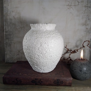 Paper mache vase white organic textured decorative handmade vessel wabi sabi rustic primitive style sustainable eco friendly interior accent