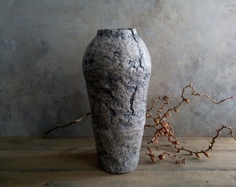 Paper mache vase taupe natural stone color organic textured handmade vessel for dry flowers wabi sabi rustic primitive home interior accent