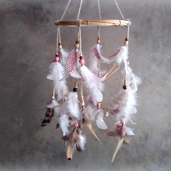 Dream catcher mobile small willow dreamcatcher for girl nursery decor white pink taupe brown feather boho rustic tribal baby shower gift