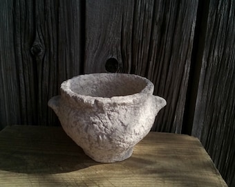 Paper mache bowl beige organic textured decorative handmade small vessel wabi sabi style rustic primitive interior accent sustainable decor